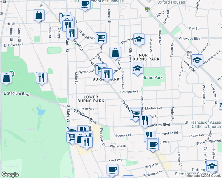 map of restaurants, bars, coffee shops, grocery stores, and more near 1310 Packard Street in Ann Arbor