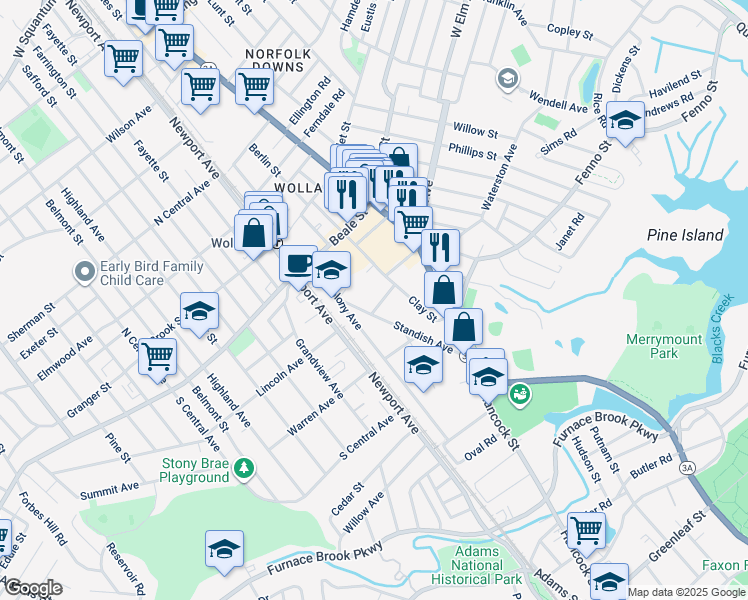 map of restaurants, bars, coffee shops, grocery stores, and more near 39 Standish Avenue in Quincy