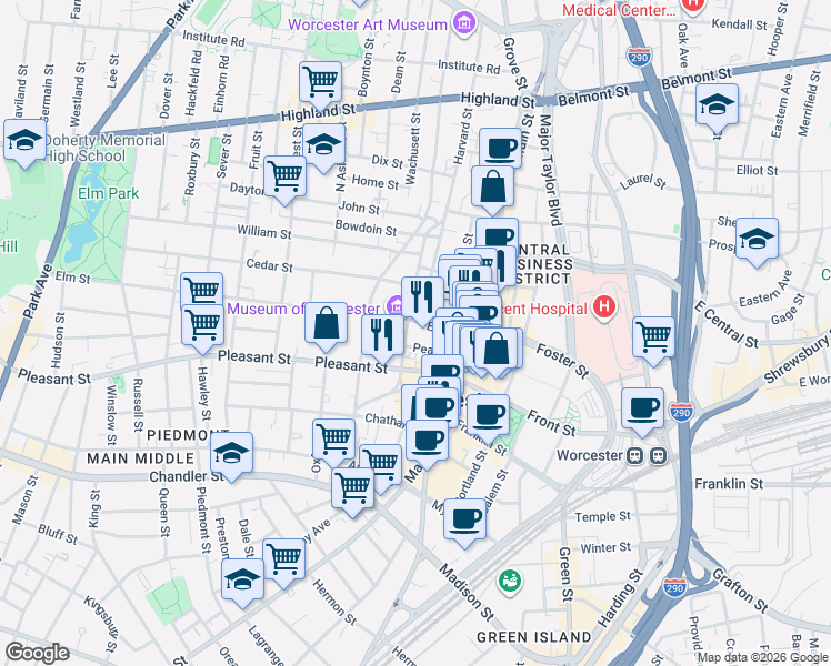 map of restaurants, bars, coffee shops, grocery stores, and more near 55 Pearl Street in Worcester