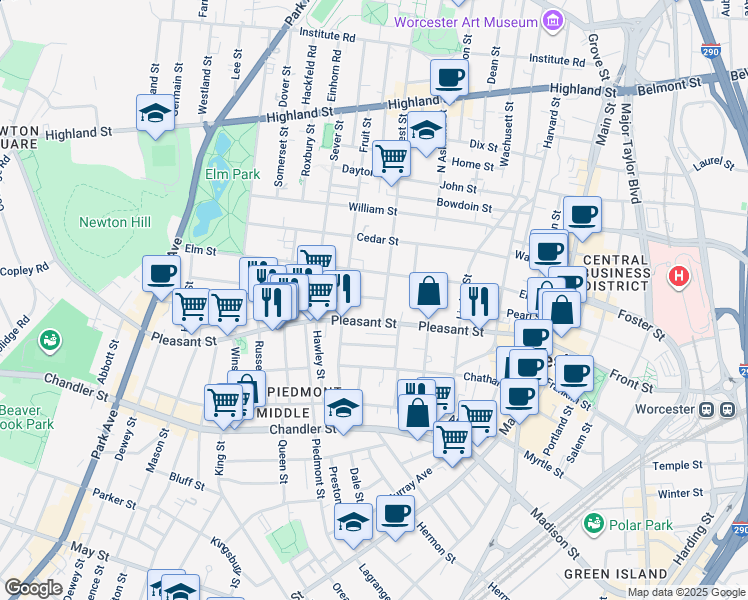 map of restaurants, bars, coffee shops, grocery stores, and more near 219 Pleasant Street in Worcester