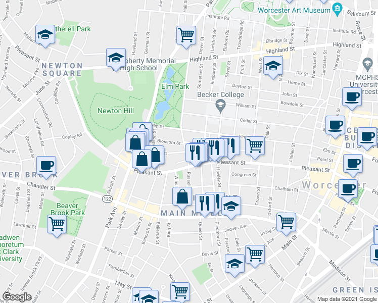 map of restaurants, bars, coffee shops, grocery stores, and more near 9 Shawmut Street in Worcester