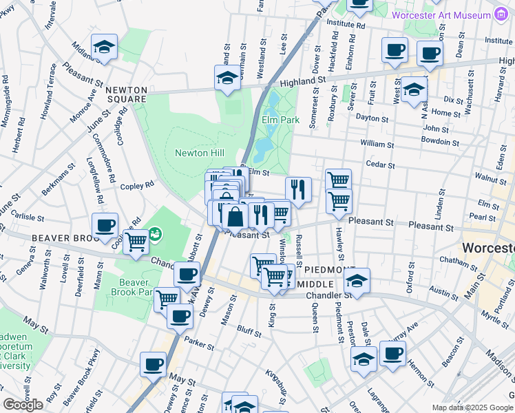 map of restaurants, bars, coffee shops, grocery stores, and more near 5 Riedl Place in Worcester