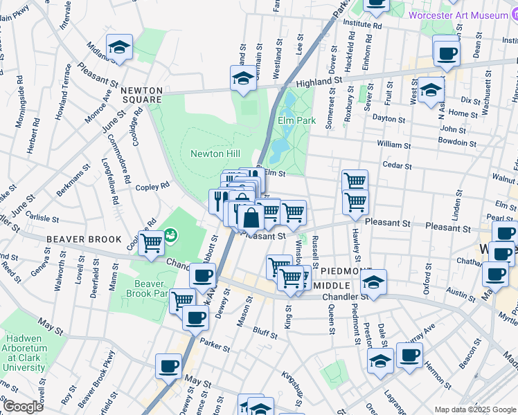 map of restaurants, bars, coffee shops, grocery stores, and more near 1 Wendell Terrace in Worcester