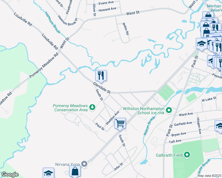 map of restaurants, bars, coffee shops, grocery stores, and more near 52 Glendale Street in Easthampton