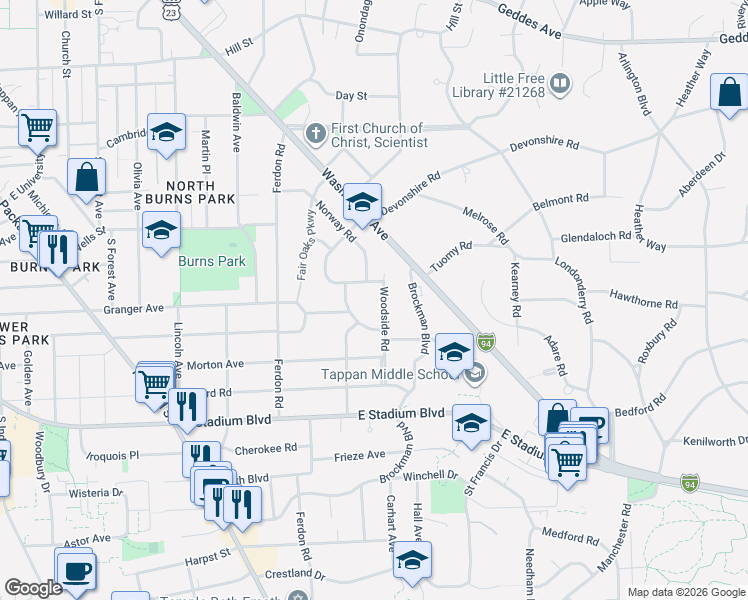 map of restaurants, bars, coffee shops, grocery stores, and more near 2127 Wallingford Road in Ann Arbor
