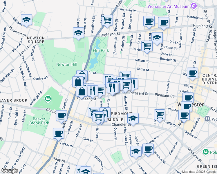 map of restaurants, bars, coffee shops, grocery stores, and more near in Worcester
