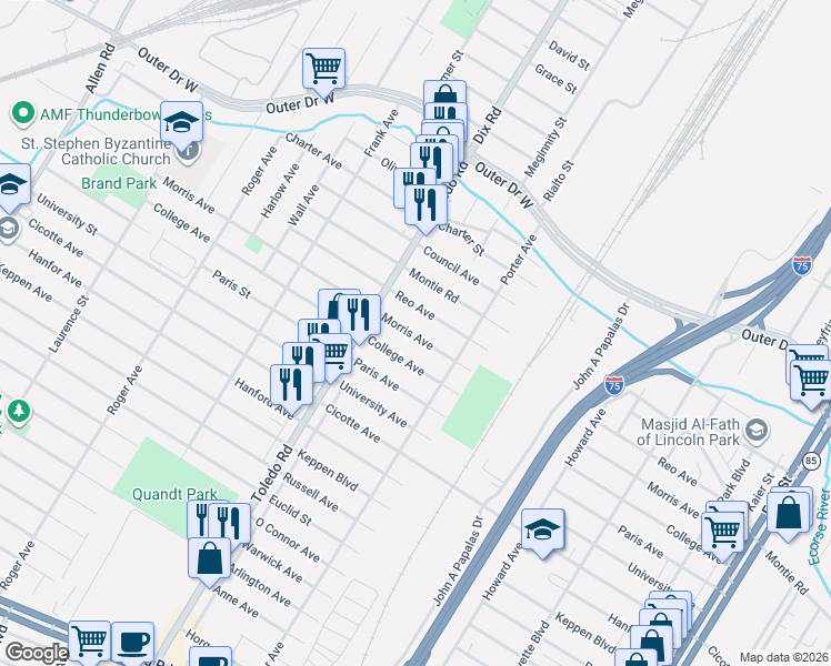 map of restaurants, bars, coffee shops, grocery stores, and more near 1835 Morris Avenue in Lincoln Park