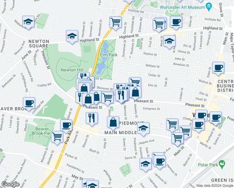 map of restaurants, bars, coffee shops, grocery stores, and more near 8 Shawmut Street in Worcester
