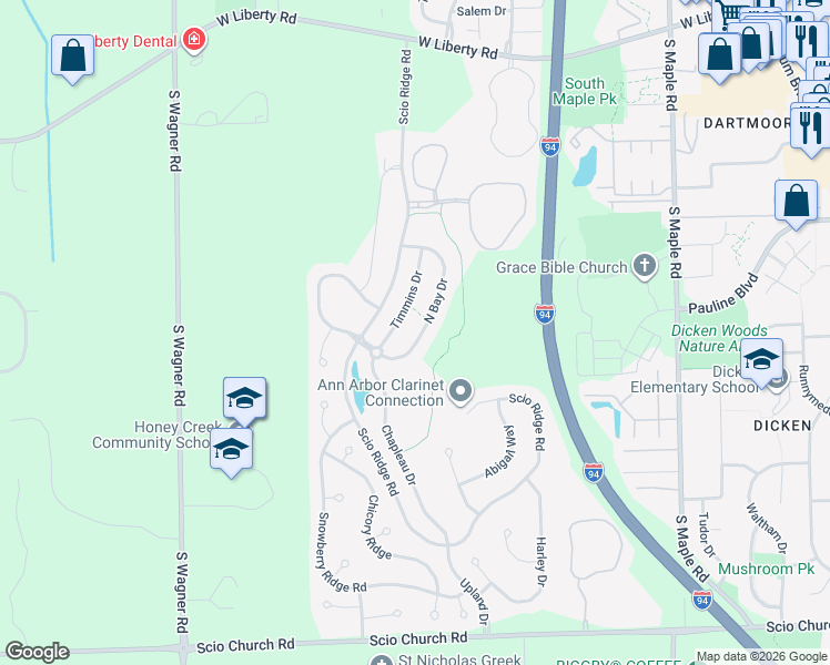 map of restaurants, bars, coffee shops, grocery stores, and more near 1387 North Bay Drive in Ann Arbor