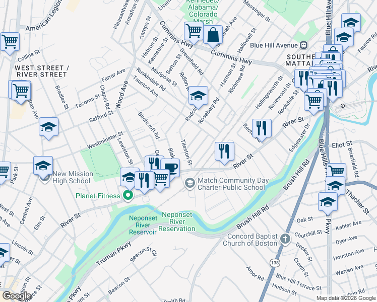 map of restaurants, bars, coffee shops, grocery stores, and more near 23 Tileston Street in Boston