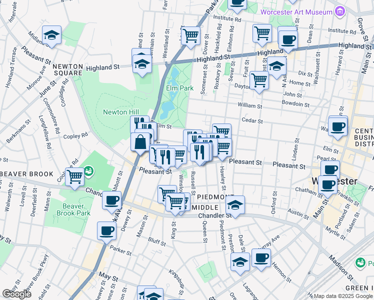 map of restaurants, bars, coffee shops, grocery stores, and more near 8 Blossom Street in Worcester