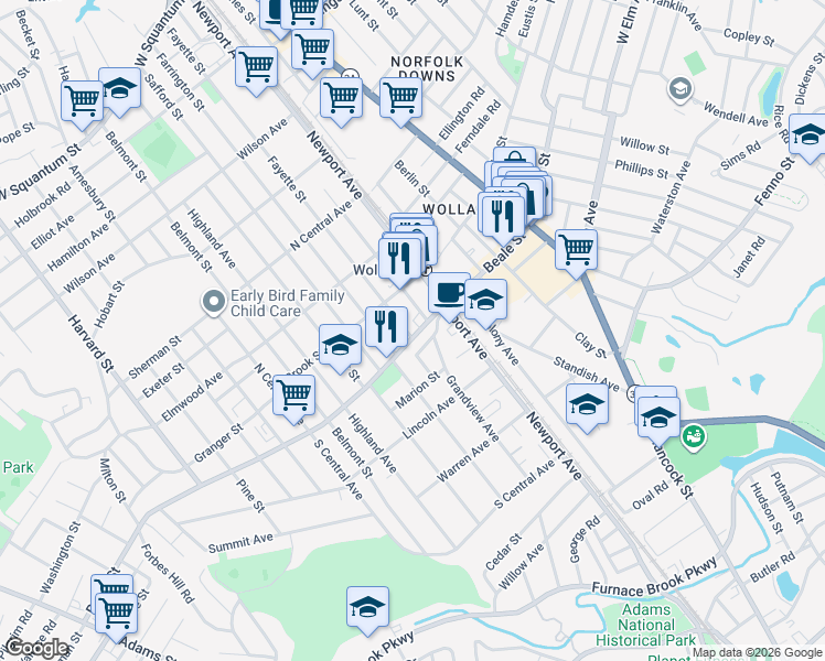 map of restaurants, bars, coffee shops, grocery stores, and more near 105 Beale Street in Quincy