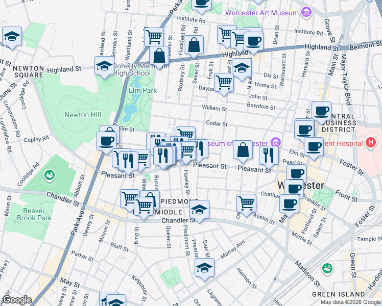 map of restaurants, bars, coffee shops, grocery stores, and more near 8 Sever Street in Worcester