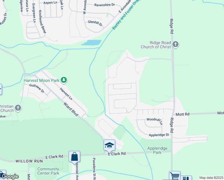 map of restaurants, bars, coffee shops, grocery stores, and more near 1515 Ridge Road in Ypsilanti