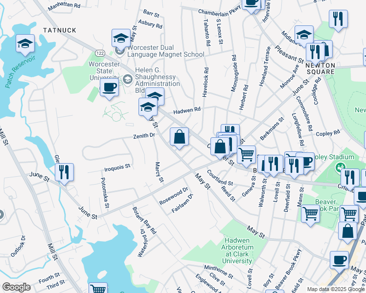 map of restaurants, bars, coffee shops, grocery stores, and more near 8 Underwood Street in Worcester