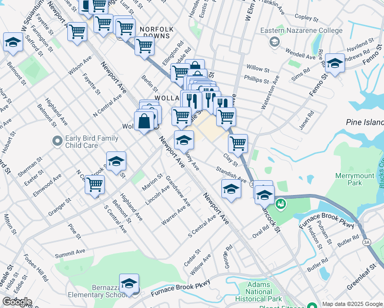 map of restaurants, bars, coffee shops, grocery stores, and more near 8 Standish Avenue in Quincy