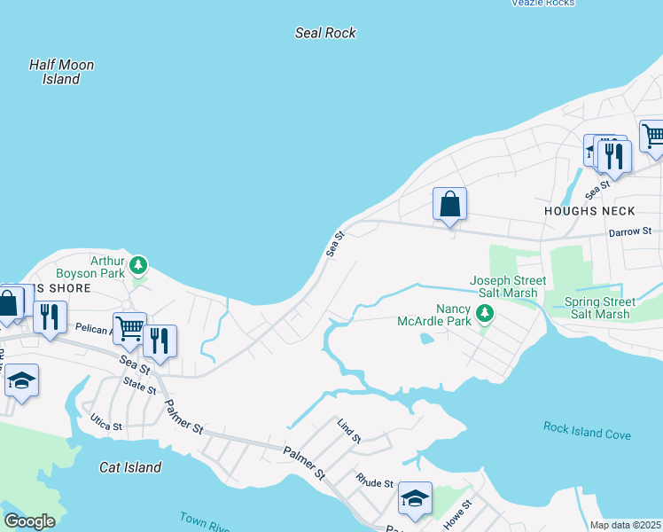 map of restaurants, bars, coffee shops, grocery stores, and more near 752 Sea Street in Quincy