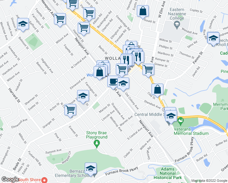 map of restaurants, bars, coffee shops, grocery stores, and more near 5-31R Old Colony Avenue in Quincy