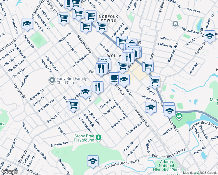 map of restaurants, bars, coffee shops, grocery stores, and more near 105 Beale Street in Quincy