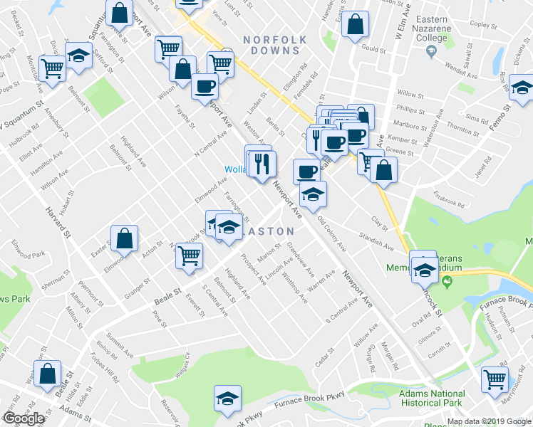 map of restaurants, bars, coffee shops, grocery stores, and more near 105 Beale Street in Quincy