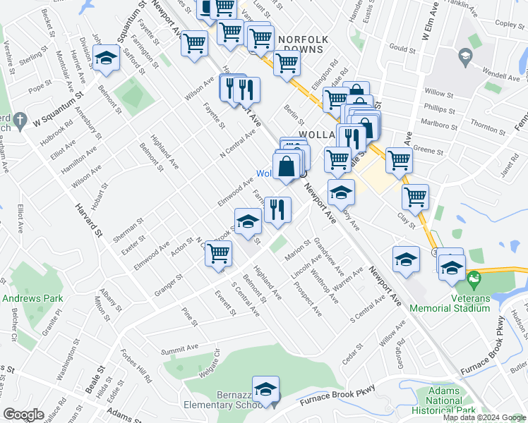 map of restaurants, bars, coffee shops, grocery stores, and more near 42 Brook Street in Quincy