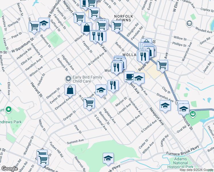 map of restaurants, bars, coffee shops, grocery stores, and more near 275 Farrington Street in Quincy