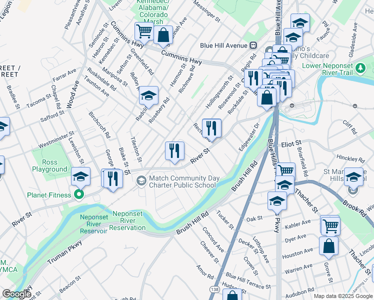 map of restaurants, bars, coffee shops, grocery stores, and more near 41 Suncrest Road in Boston