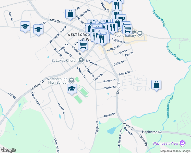 map of restaurants, bars, coffee shops, grocery stores, and more near 16 Ruggles Street in Westborough