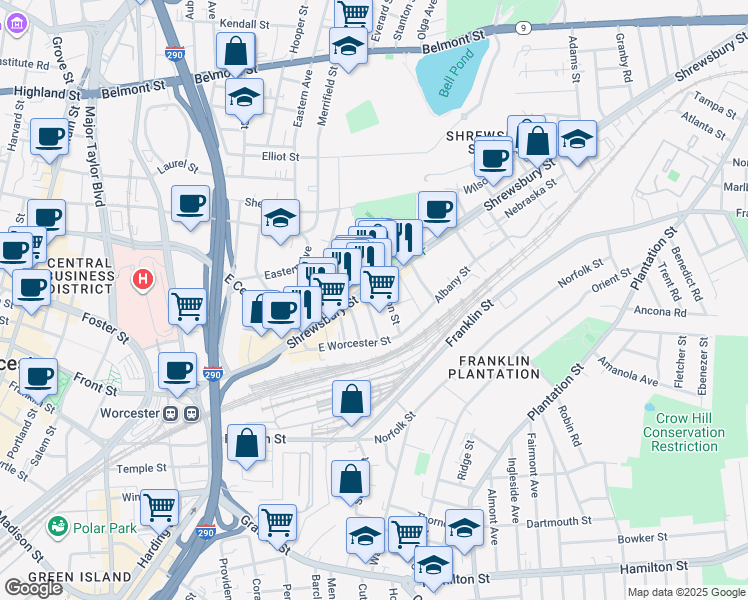 map of restaurants, bars, coffee shops, grocery stores, and more near 166 Shrewsbury Street in Worcester