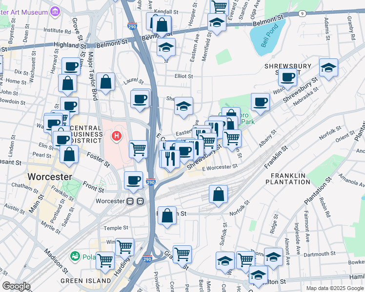 map of restaurants, bars, coffee shops, grocery stores, and more near 2 Gage Street in Worcester
