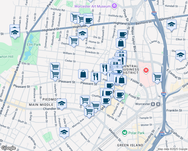 map of restaurants, bars, coffee shops, grocery stores, and more near 15 Chestnut Street in Worcester