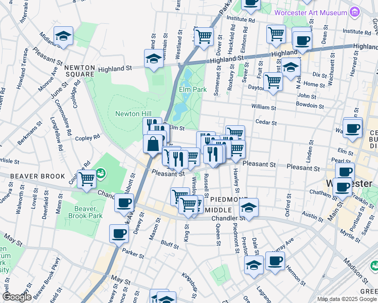 map of restaurants, bars, coffee shops, grocery stores, and more near 8 Blossom Street in Worcester