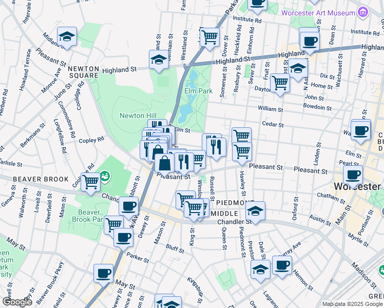map of restaurants, bars, coffee shops, grocery stores, and more near 40 Blossom Street in Worcester