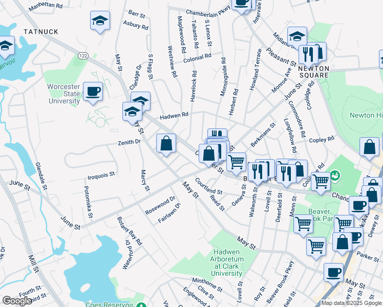 map of restaurants, bars, coffee shops, grocery stores, and more near 7 Woodman Road in Worcester
