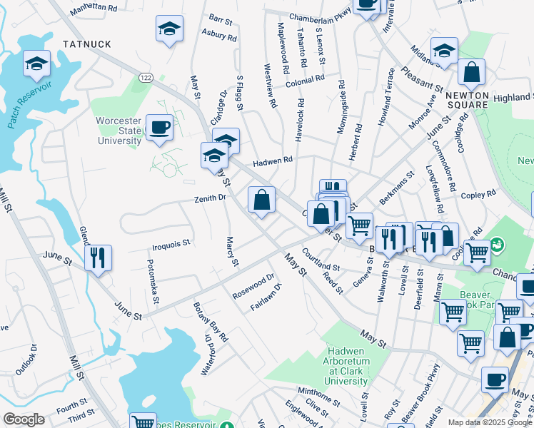 map of restaurants, bars, coffee shops, grocery stores, and more near 6 Ruth Street in Worcester