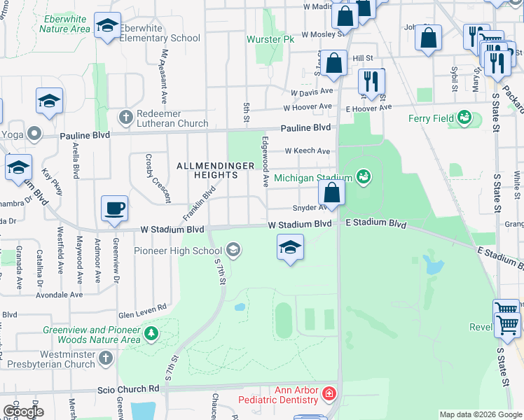 map of restaurants, bars, coffee shops, grocery stores, and more near 1217 Prescott Avenue in Ann Arbor