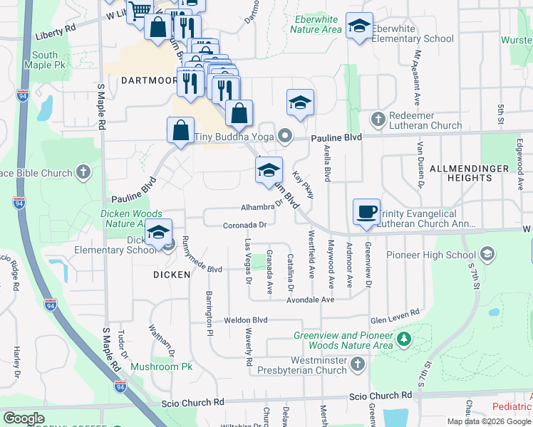 map of restaurants, bars, coffee shops, grocery stores, and more near 1830 Alhambra Drive in Ann Arbor