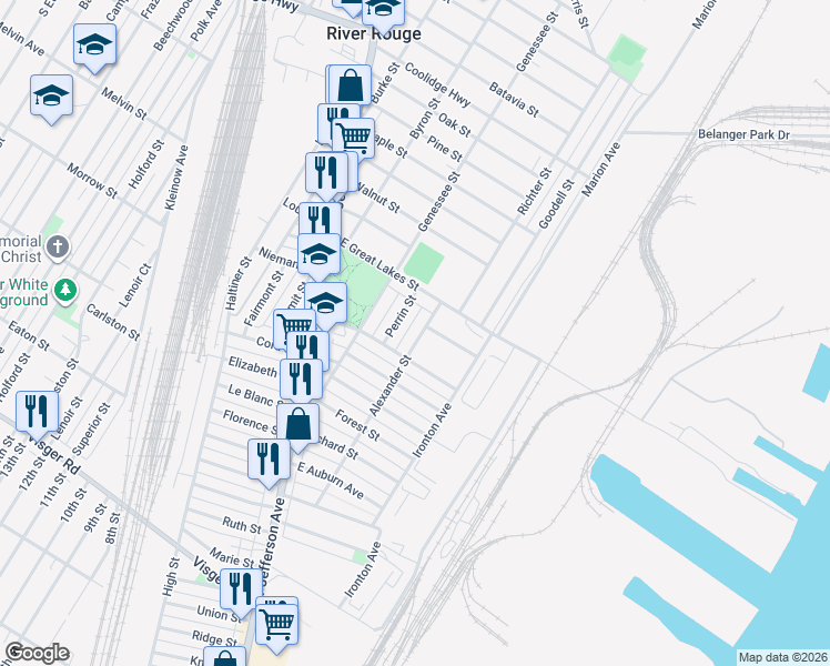 map of restaurants, bars, coffee shops, grocery stores, and more near 17 Perrin Street in River Rouge