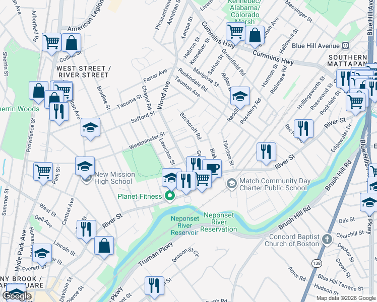 map of restaurants, bars, coffee shops, grocery stores, and more near 8 Andria Road in Boston