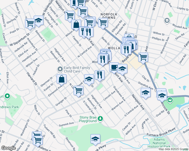 map of restaurants, bars, coffee shops, grocery stores, and more near 275 Farrington Street in Quincy