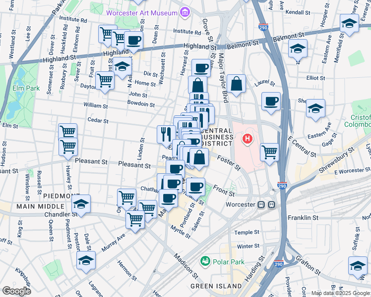 map of restaurants, bars, coffee shops, grocery stores, and more near 332 Main Street in Worcester