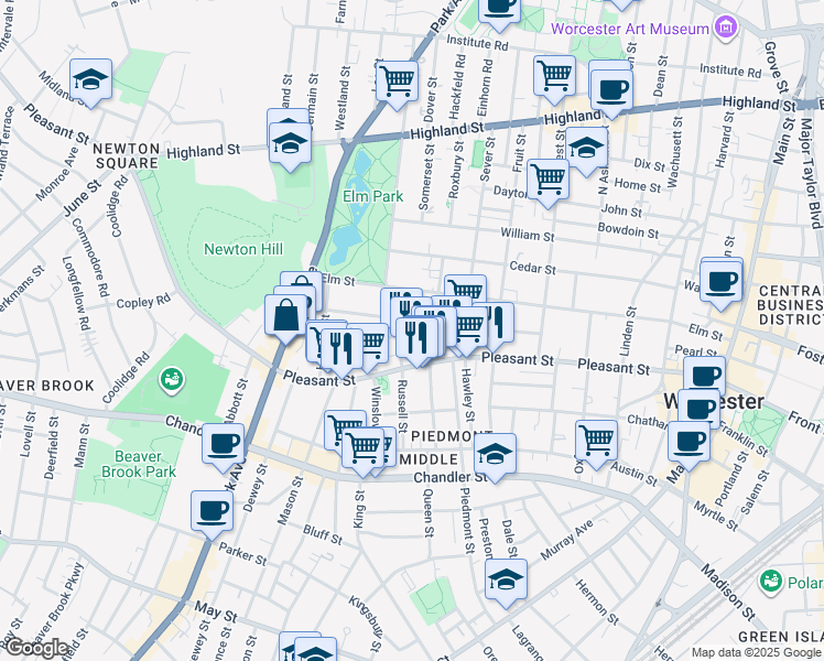 map of restaurants, bars, coffee shops, grocery stores, and more near 4 Shawmut Street in Worcester