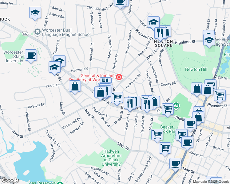 map of restaurants, bars, coffee shops, grocery stores, and more near in Worcester