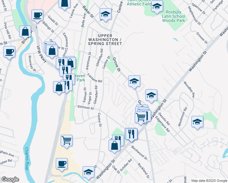 map of restaurants, bars, coffee shops, grocery stores, and more near 54 Linden Road in Boston