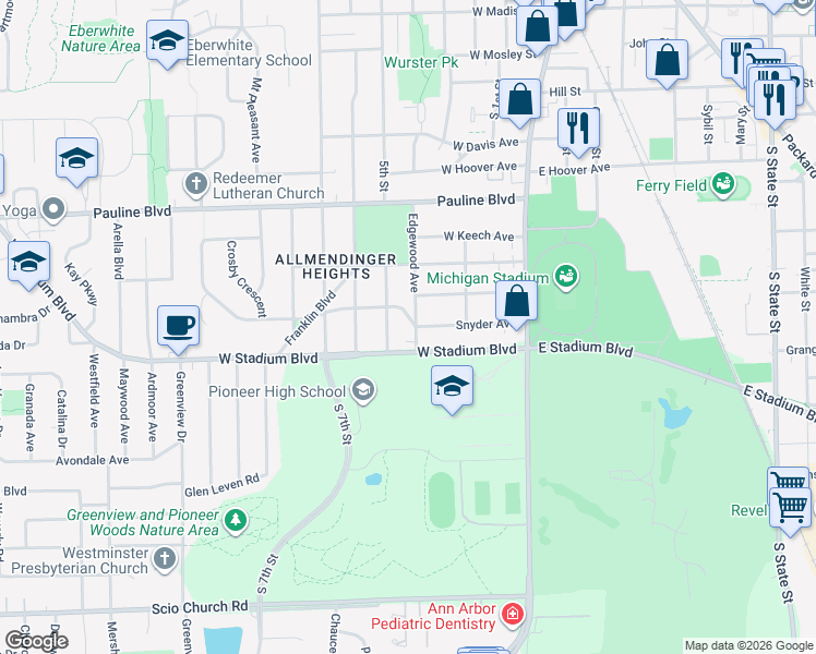 map of restaurants, bars, coffee shops, grocery stores, and more near 1217 Prescott Avenue in Ann Arbor