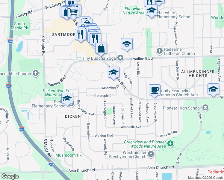 map of restaurants, bars, coffee shops, grocery stores, and more near 1830 Alhambra Drive in Ann Arbor