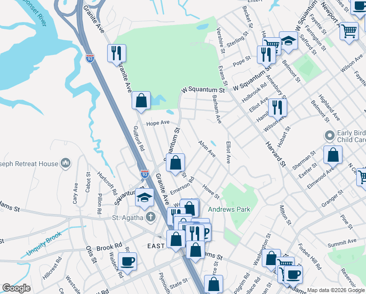 map of restaurants, bars, coffee shops, grocery stores, and more near 22 Berlin Avenue in Milton
