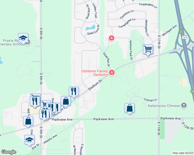 map of restaurants, bars, coffee shops, grocery stores, and more near 6040 Stadium Drive in Kalamazoo