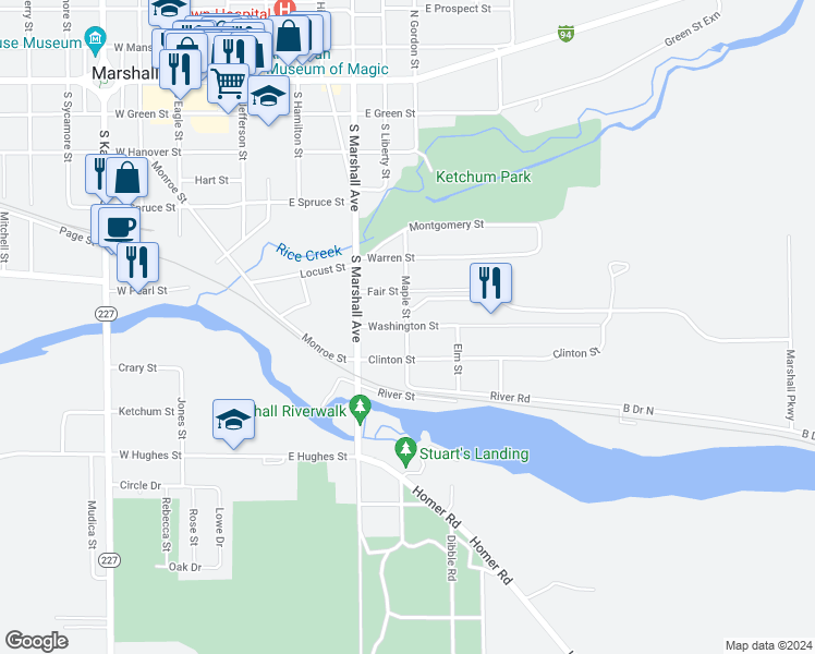 map of restaurants, bars, coffee shops, grocery stores, and more near 603 Washington Street in Marshall