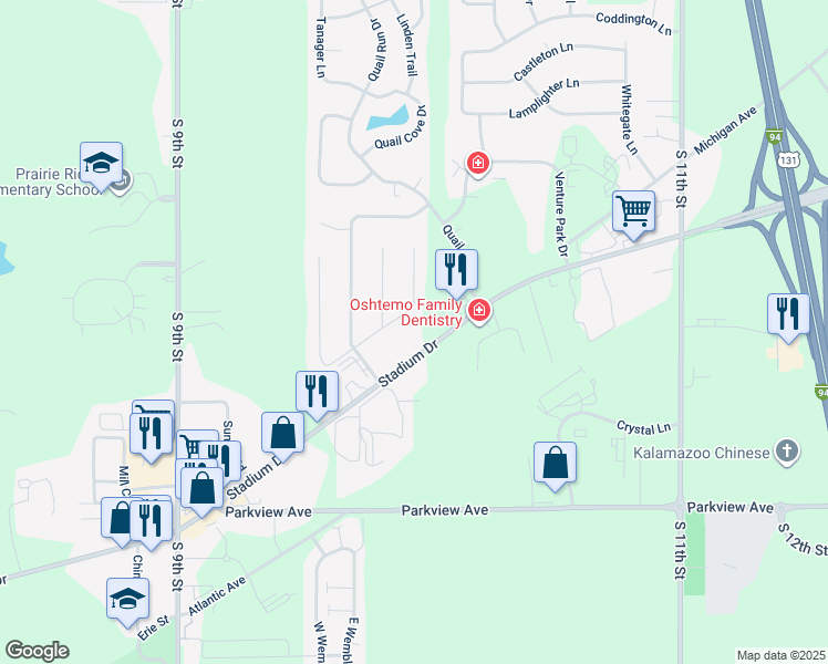 map of restaurants, bars, coffee shops, grocery stores, and more near 6040 Stadium Drive in Kalamazoo